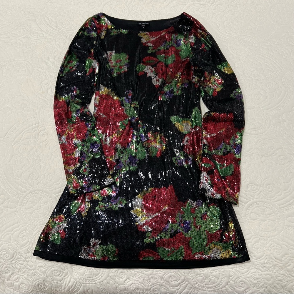 EXPRESS | Black Multi Floral Sequin Long Sleeve Mini Shift Dress SIZE Small